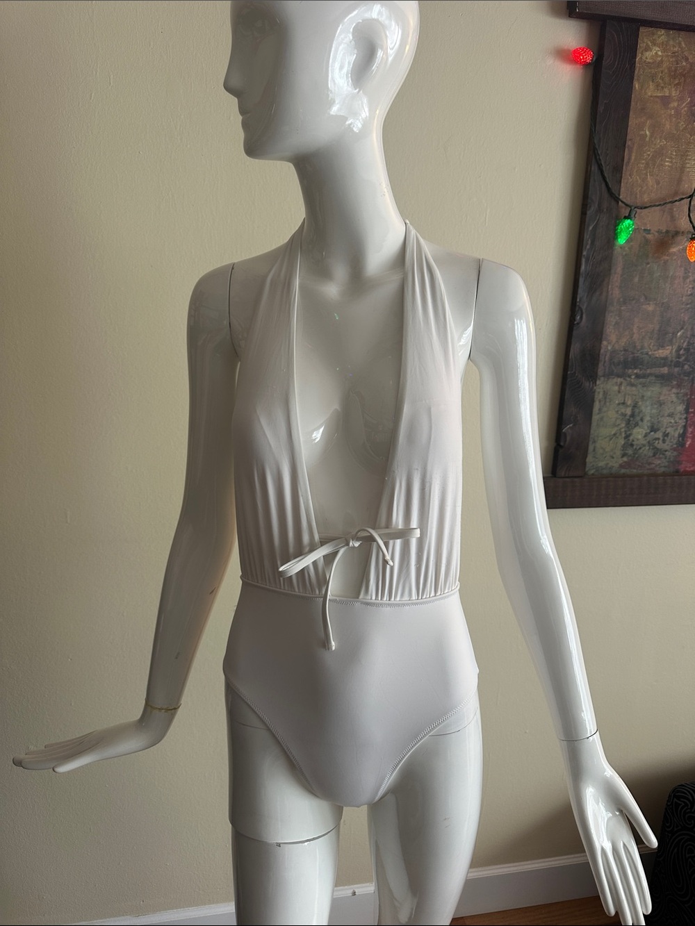 White Halter Tie-Front Bodysuit Top - Women's
